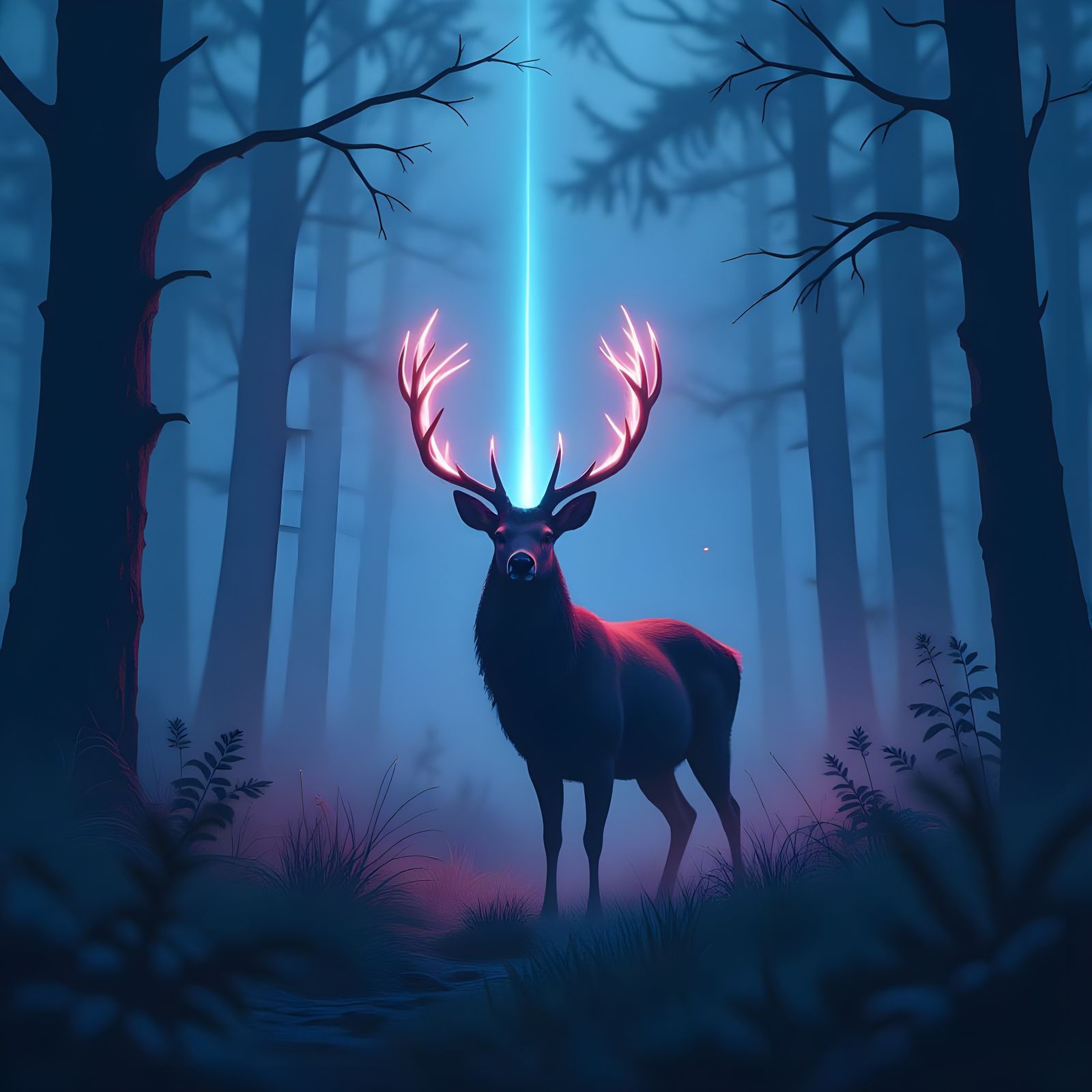 Majestic Deer with Glowing Antlers in Foggy Forest