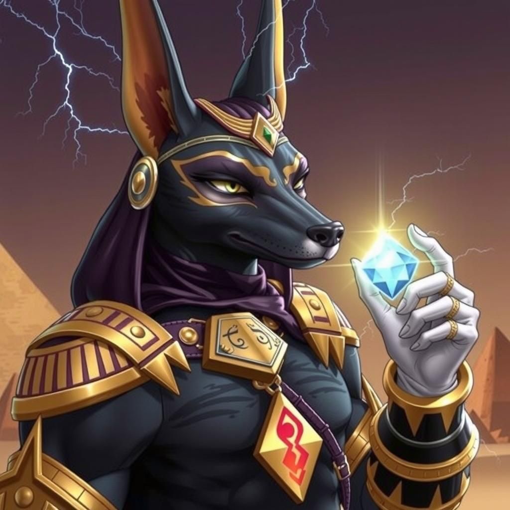 Egyptian Superhero Anubis Dominates the Golden Desert Landsc...