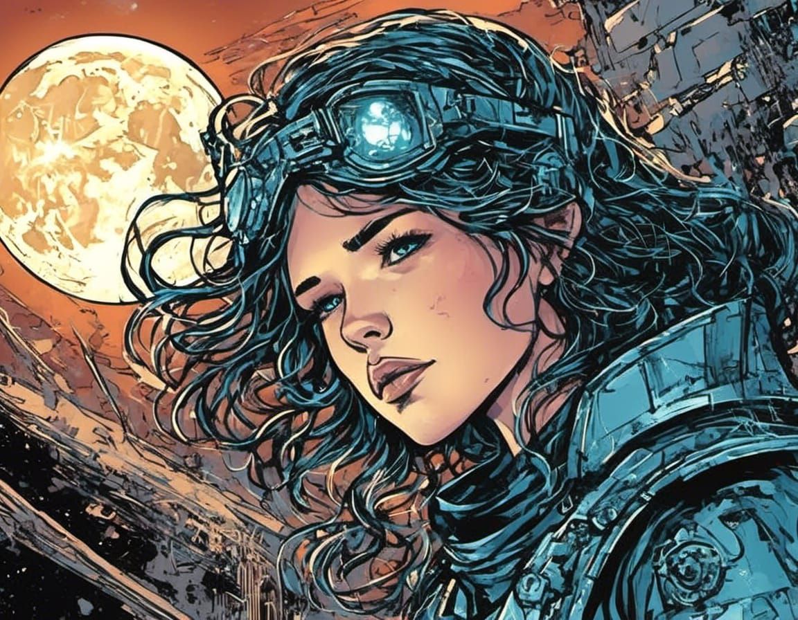 Woman Visits Moon in Comic Book Art Style