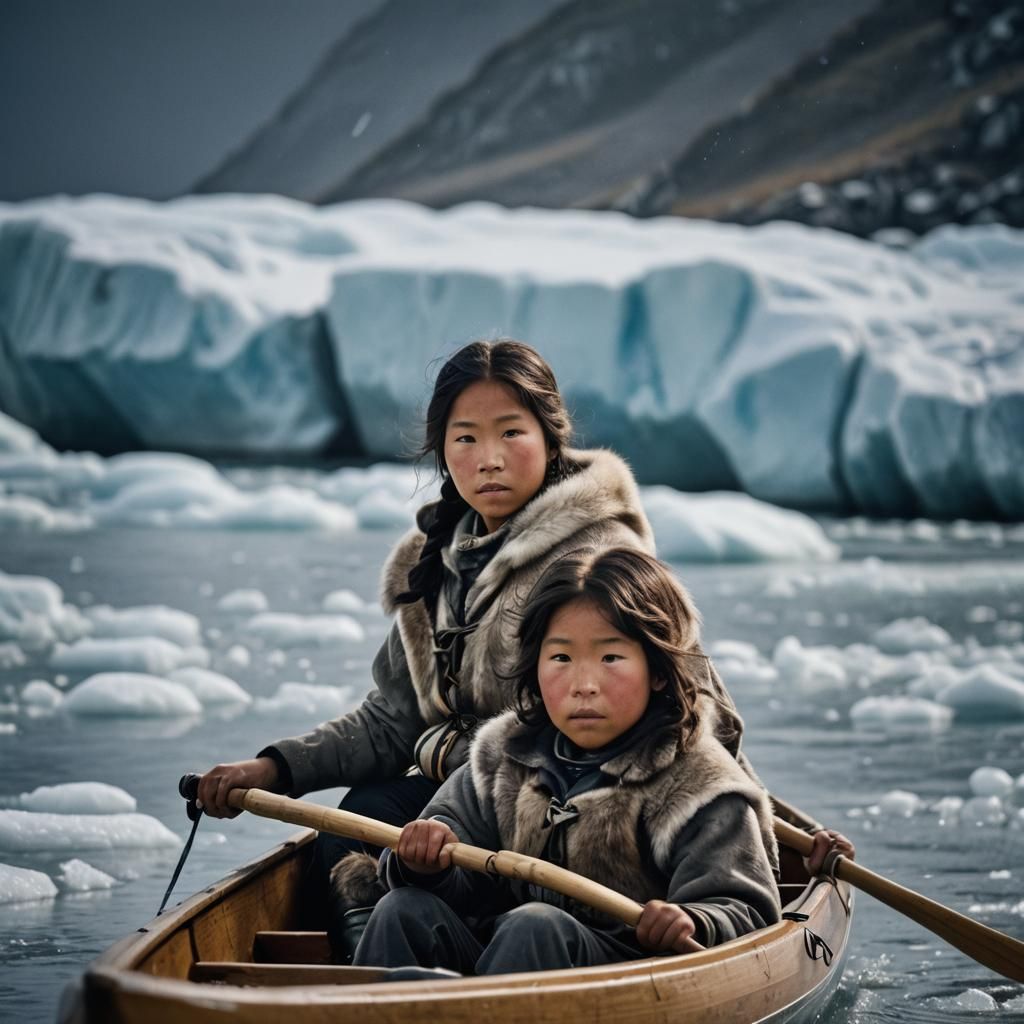 Inuit Children in Kayak on Icy River