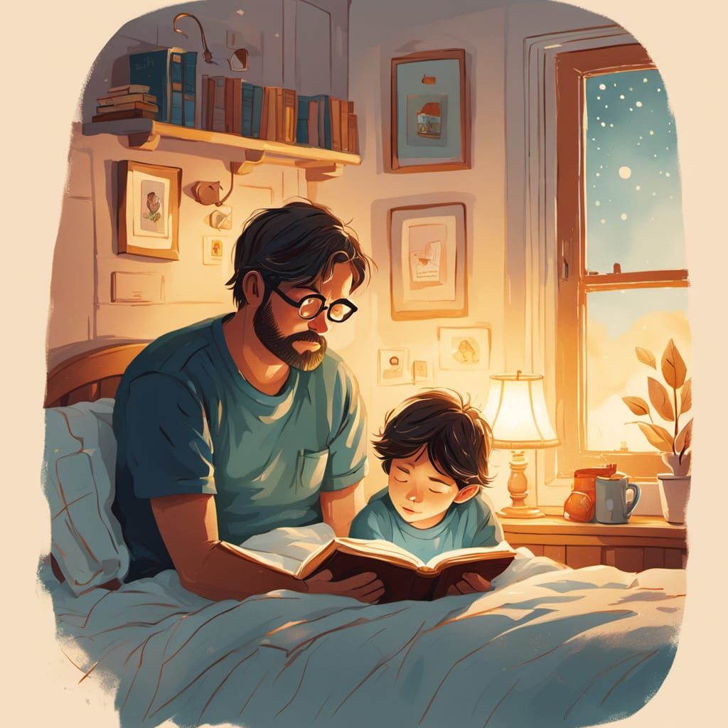 Cozy Bedtime Story Illustration with Golden Hour Lighting