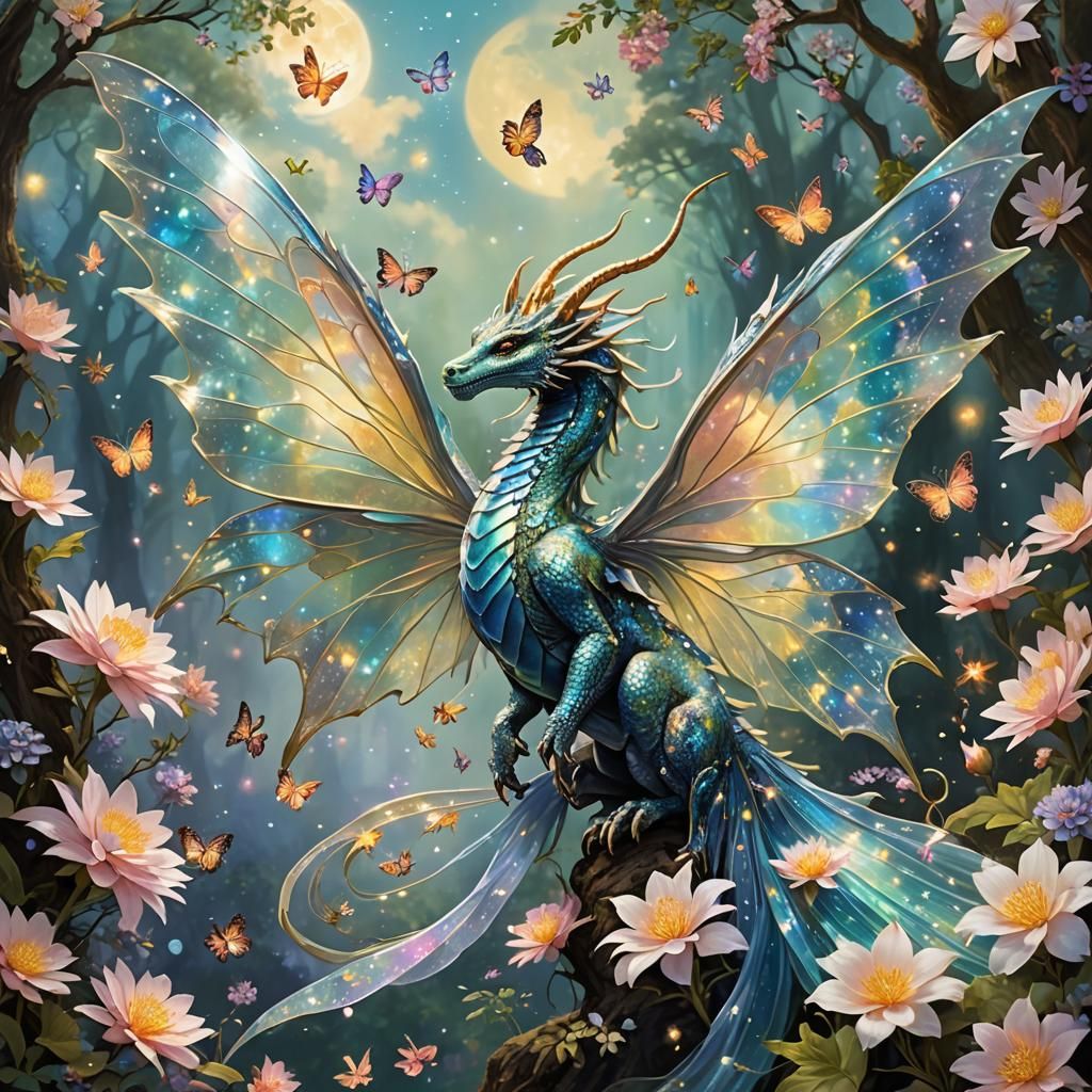Majestic dragons with shimmering silver scales and opalescent wings gracefully glide through a sky aglow with twinkling ...