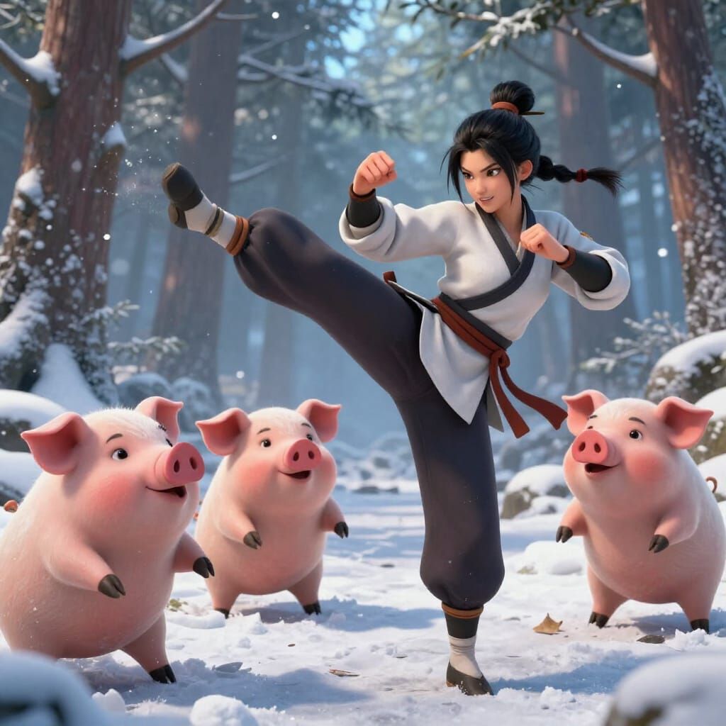 Kung Fu Master Fights Pigs in Snowy Forest
