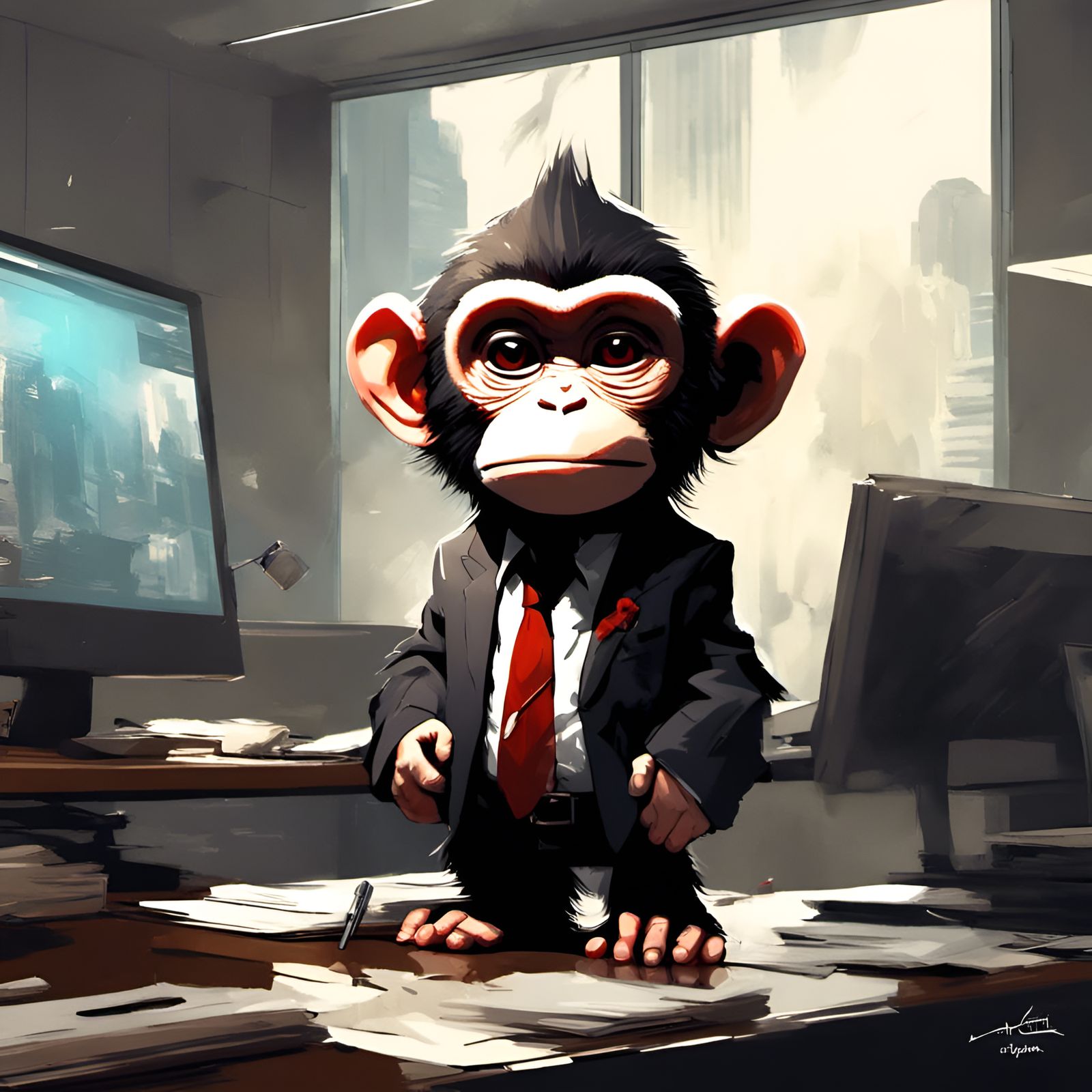 Grumpy Monkey Businessman in Office, 3D Render