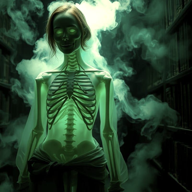 Ethereal Ghostly Woman in Dusty Library