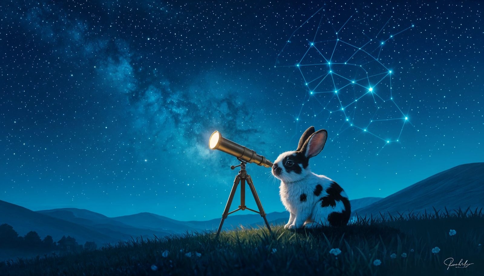 Spotted Rabbit Gazes at Stars Through Telescope