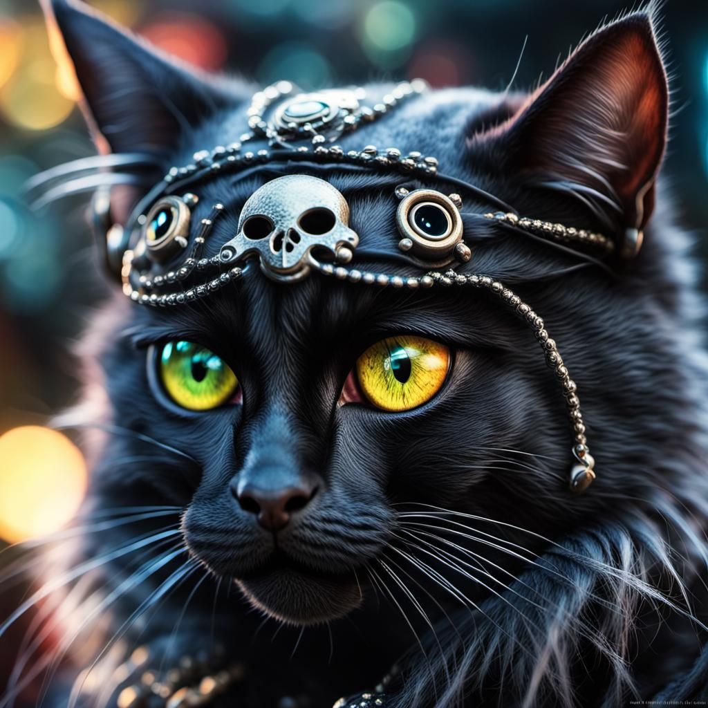 Punker Pirate Cat: Hyperrealistic Psychedelic Portrait
