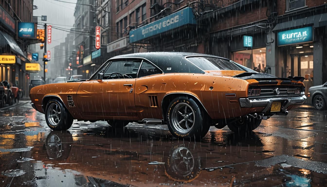 Futuristic Muscle Car in Rain, Hyperrealistic Sci-Fi