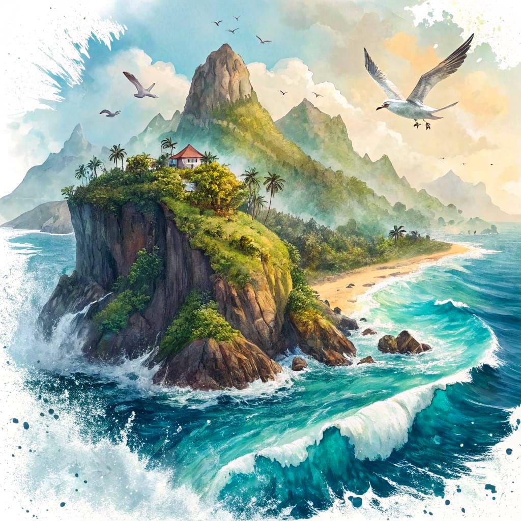 Ethereal Tropical Island in Splattery Watercolour Style