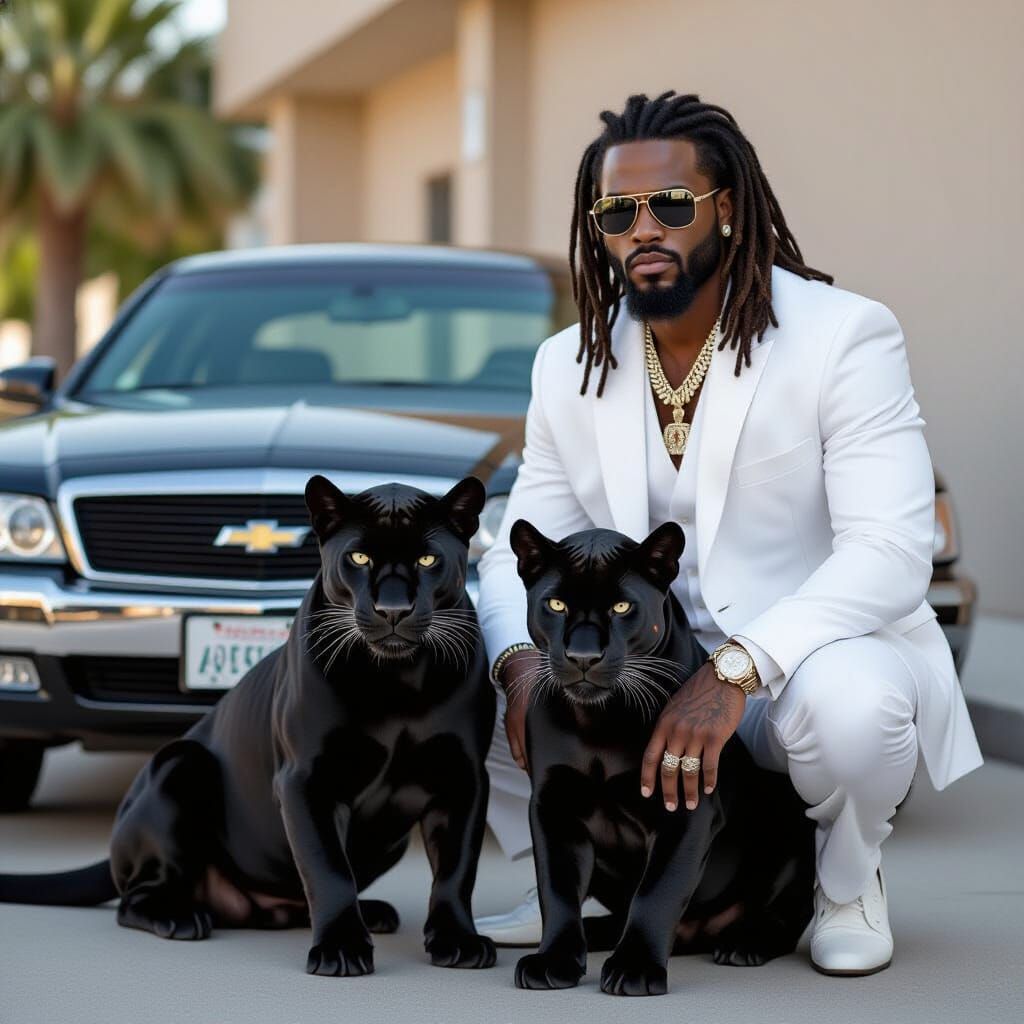 Gangster with Panthers and Impala in White Suit