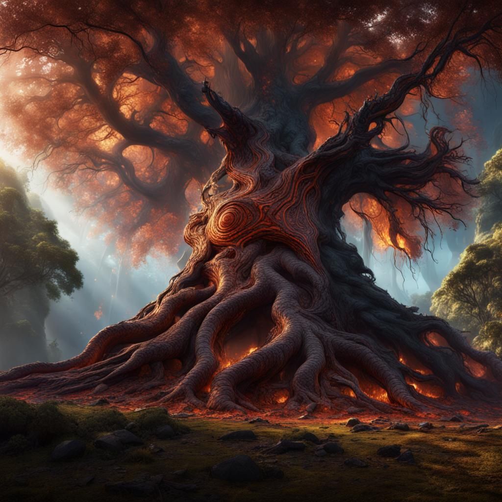 Taniwha Crushed Under Burning Kahikatea Tree