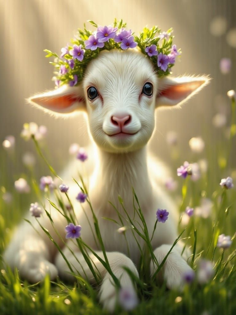 Playful Baby Goat with Floral Wreaths in Spring