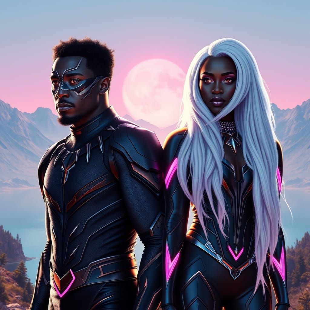 Black Panther and Storm in Neon Retro Futurism
