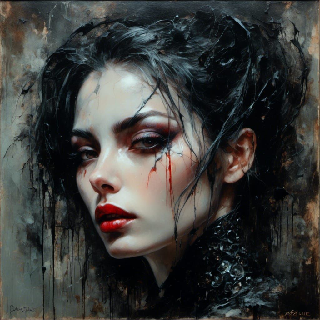 Gothic Spanish Woman in Latex: Macabre Oil Painting