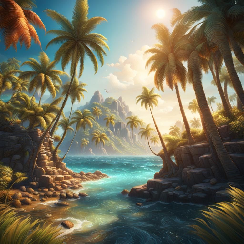 Tropical Seascape: Detailed Matte Painting in Deep Color
