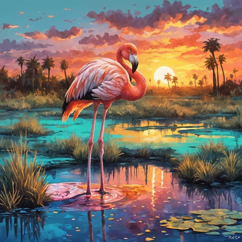 Flamingo in Sunset as Colorful Graffiti Art