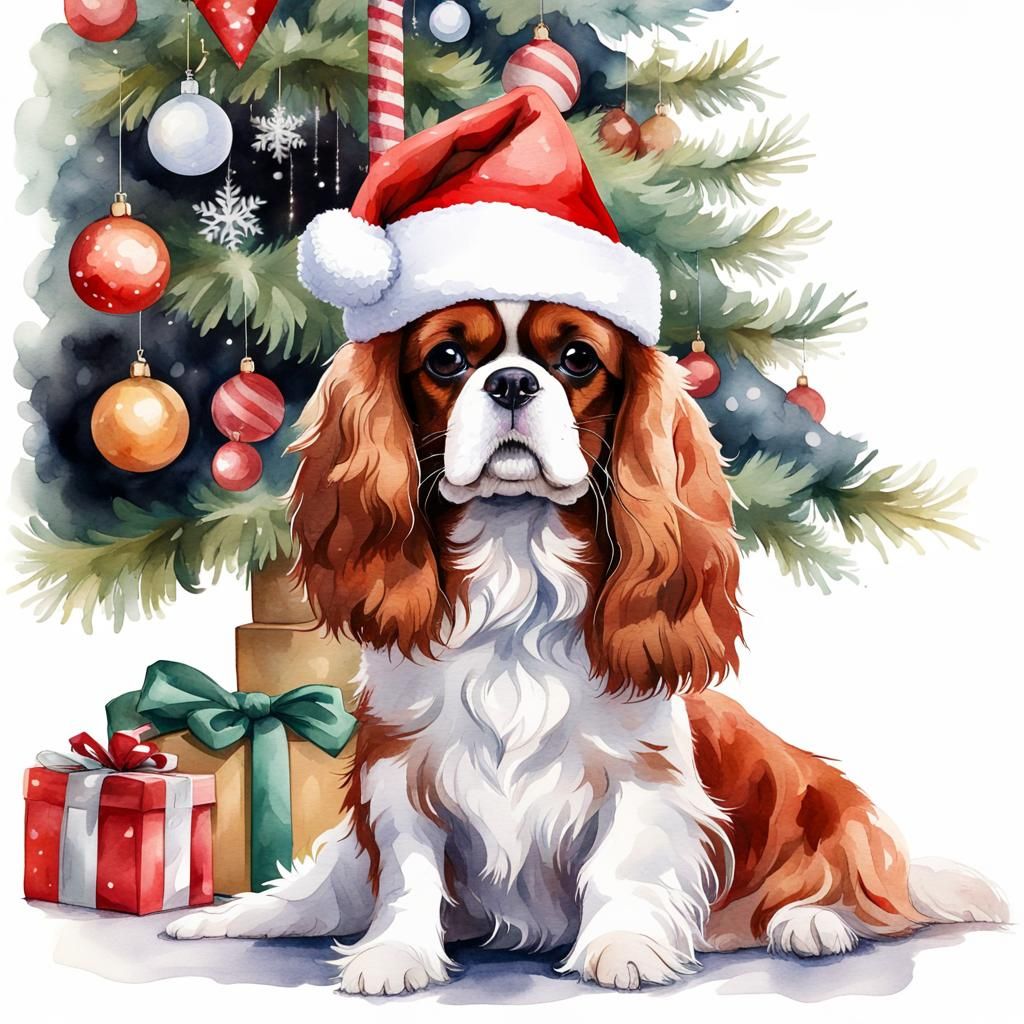 Watercolor Cavalier King Charles Spaniel in Santa Hat