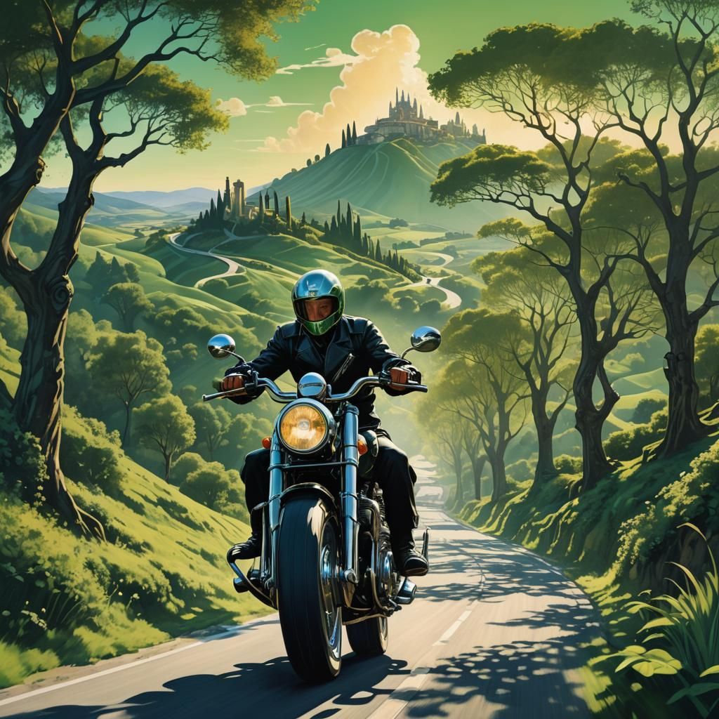 Surreal Triumph Motorcycle Speeds Down Winding Road in Radia...