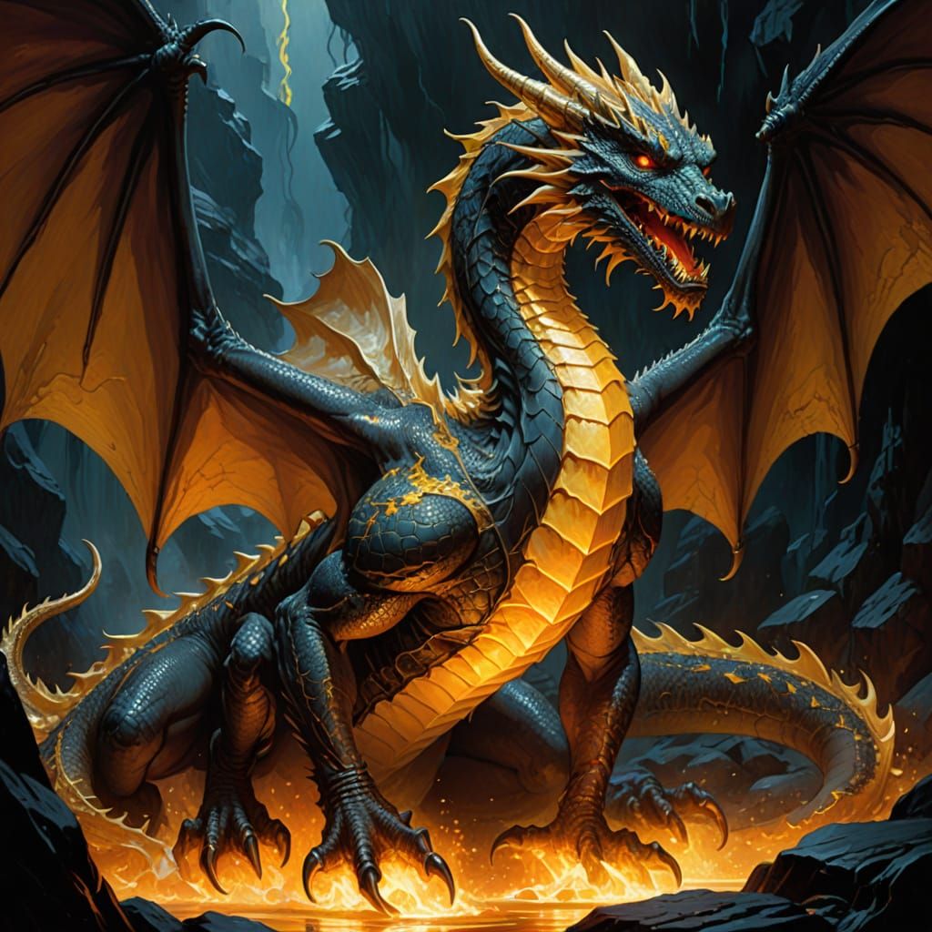 Majestic Molten Gold Dragon Breathing Light Fire