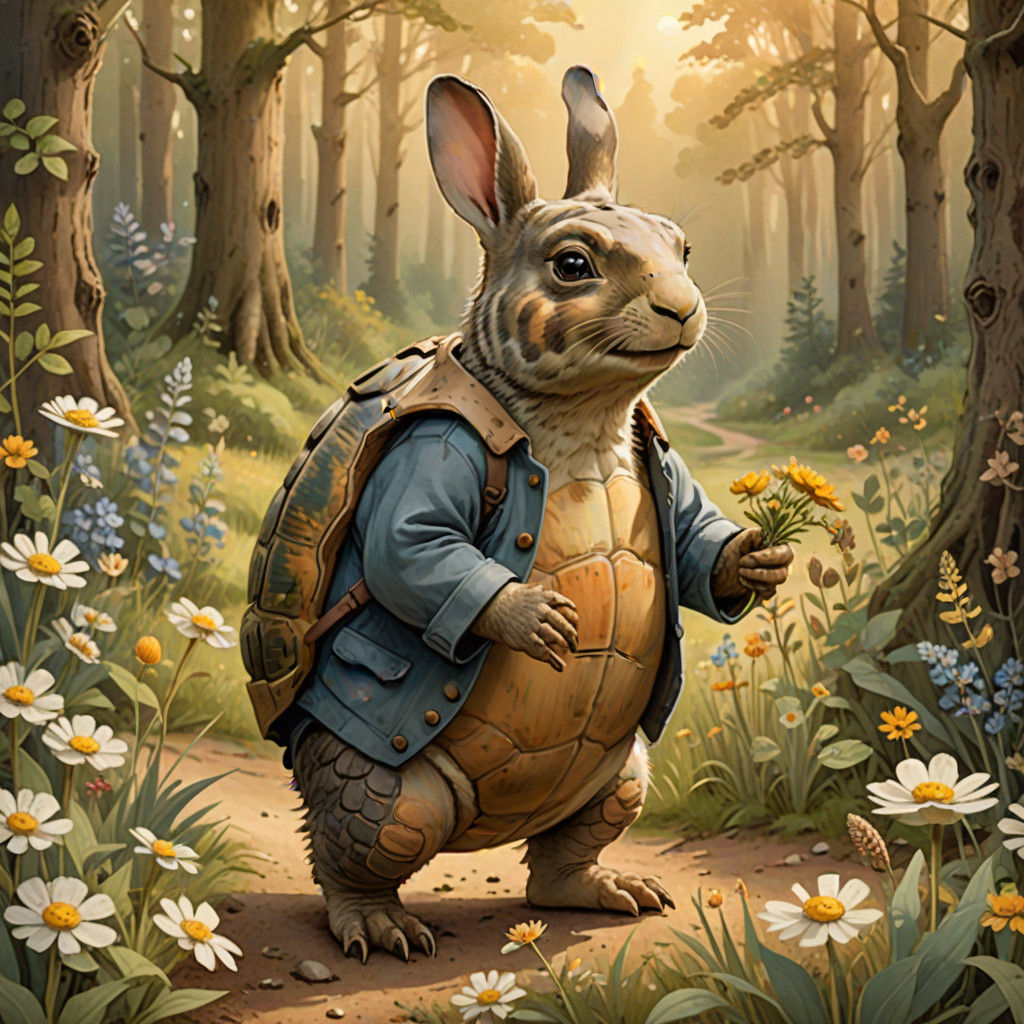 Wise Tortoise Offers Flowers to Startled Hare in Golden Fore...