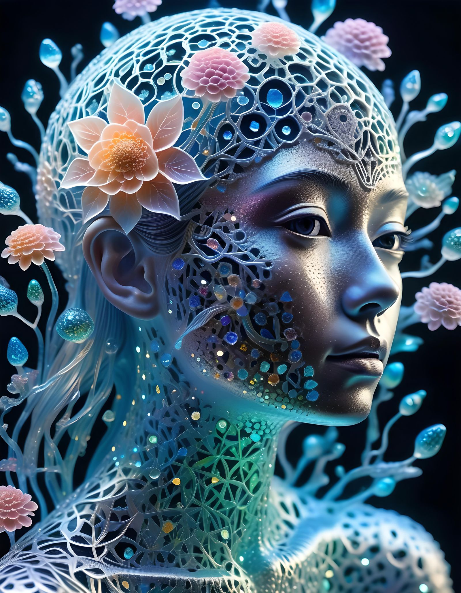 Bioluminescent Woman in Crystal Radiolarians Sculpture