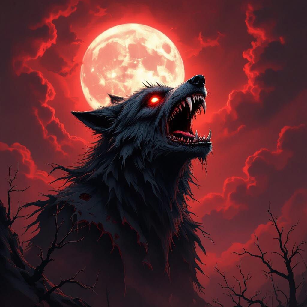 Vampiric Zombie Wolf Howling at Crimson Night Sky