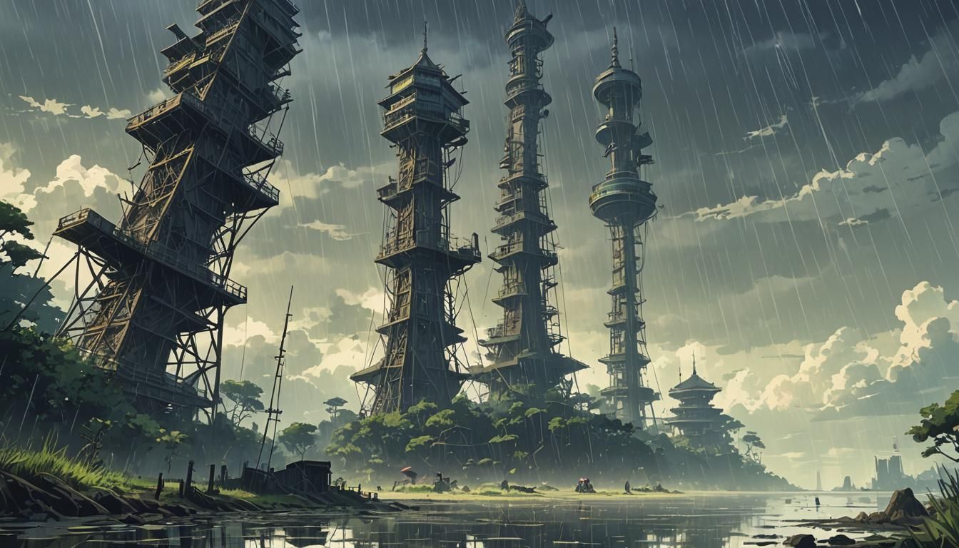 Surreal Rainy Beach Landscape with Tower in Anime Style