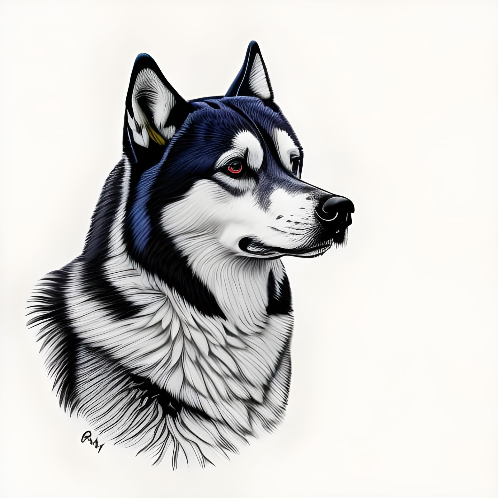 Colorful Charcoal Husky Portrait on White
