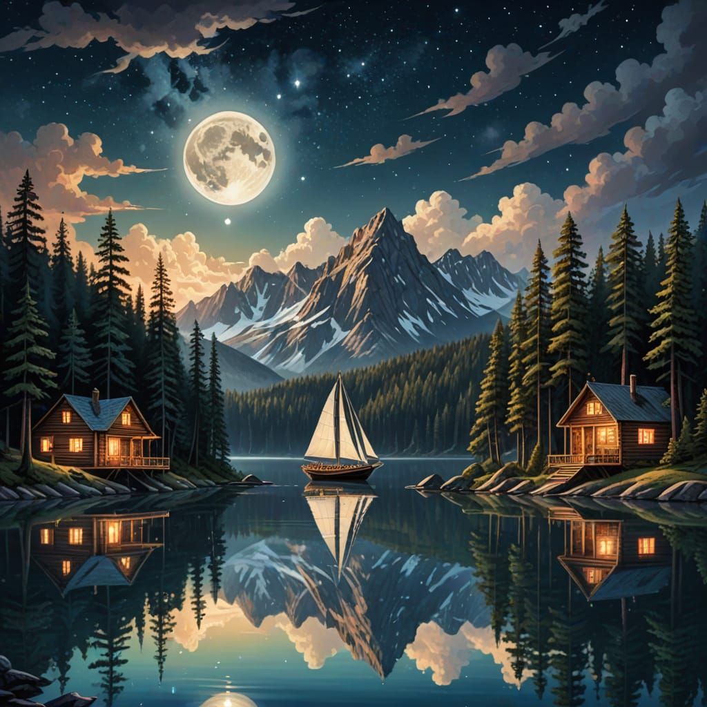 Fantasy Sailing Ship on Crystal Lake in Moonlight