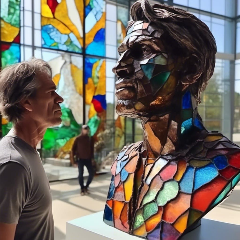Man Observes Colorful Stained Glass Human Sculpture