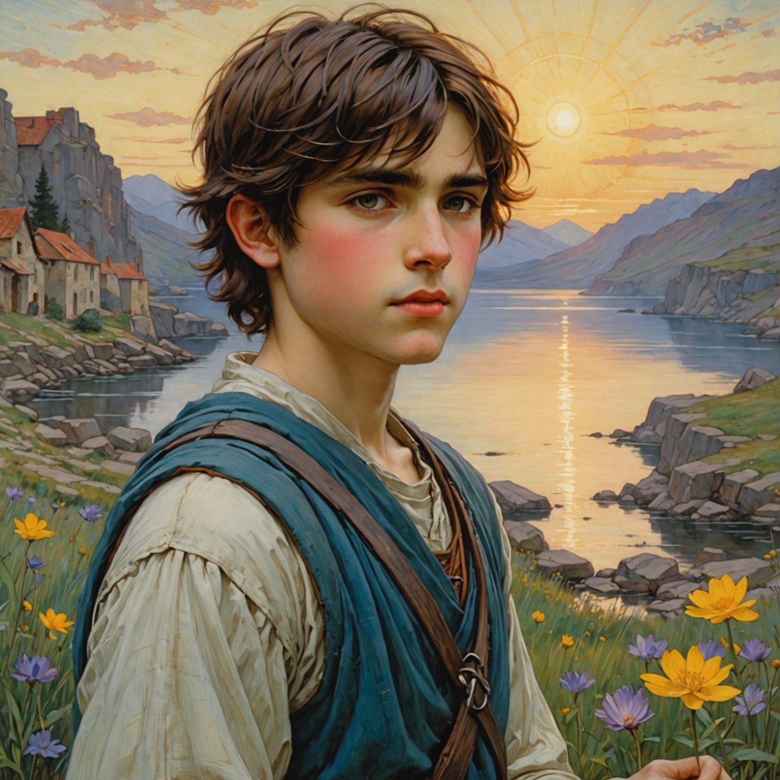 Boy in Luminous Sunny Radiance in Waterhouse Anime Style