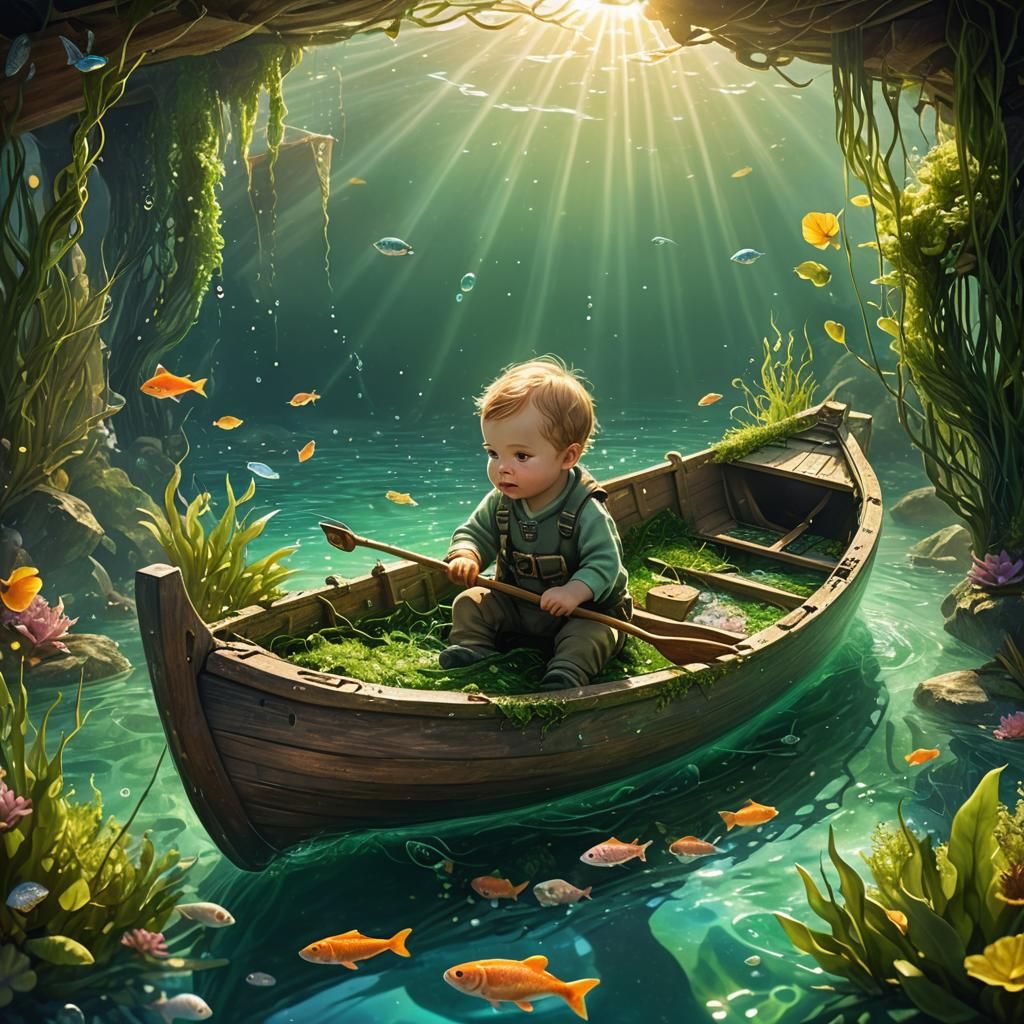 Baby Fishing in a Fantasy Green Sea