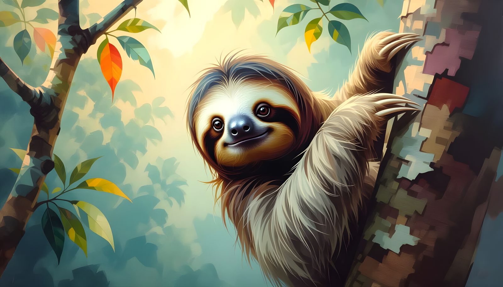 Dreamy Sloth Portrait in Ethereal Oil and Ink