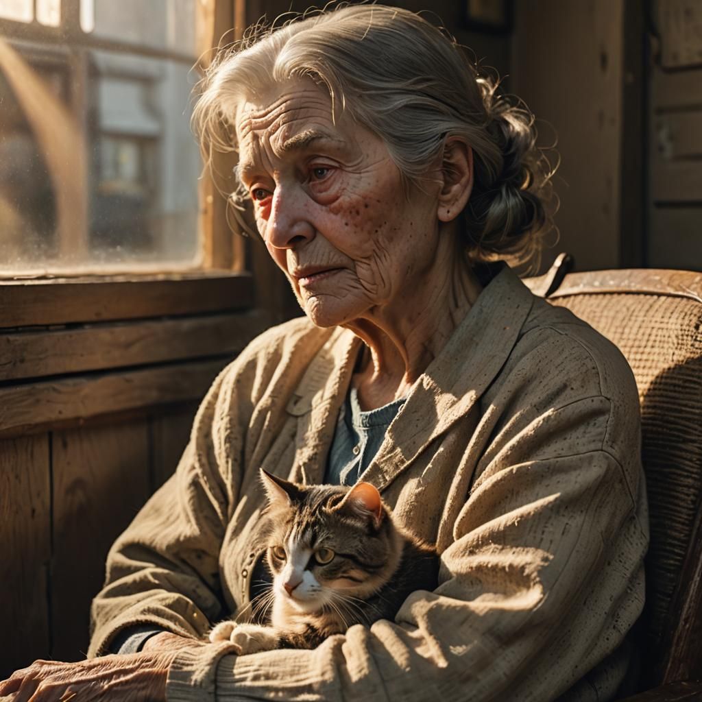 Elderly Woman with Cat in Window: Hyper-Realistic Film Still