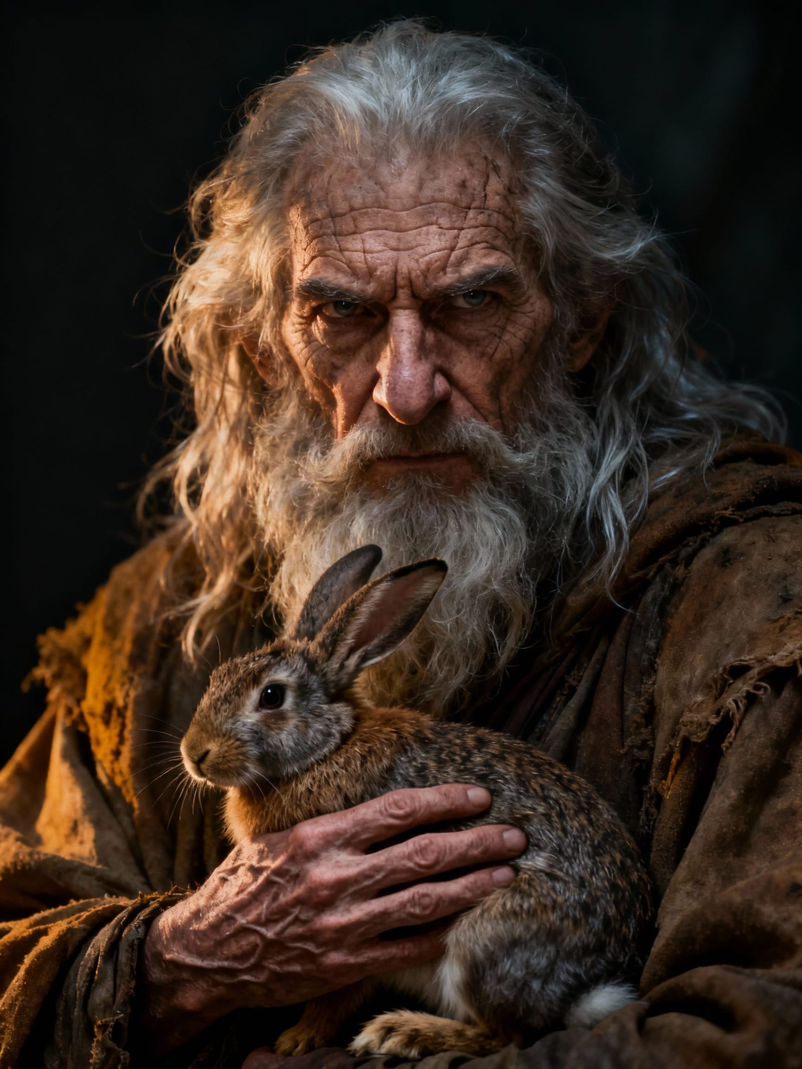 Elderly Man with Rabbit in Chiaroscuro Lighting