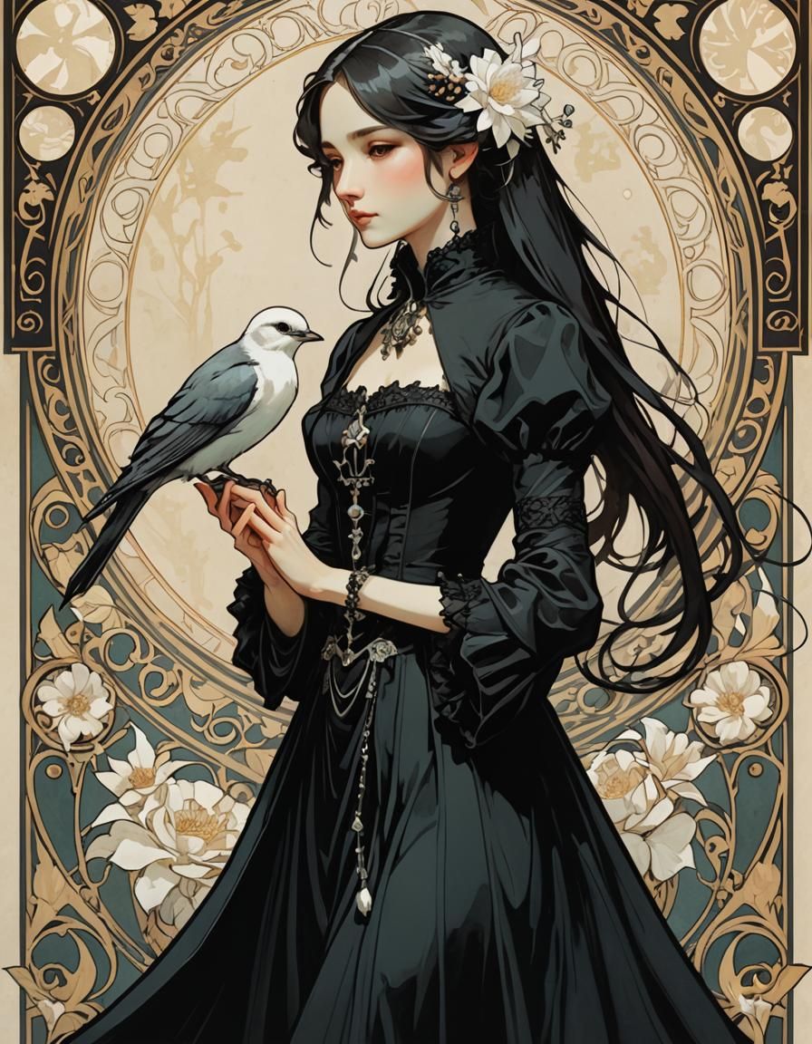 Gothic Woman with Bird, Alphonse Mucha Style