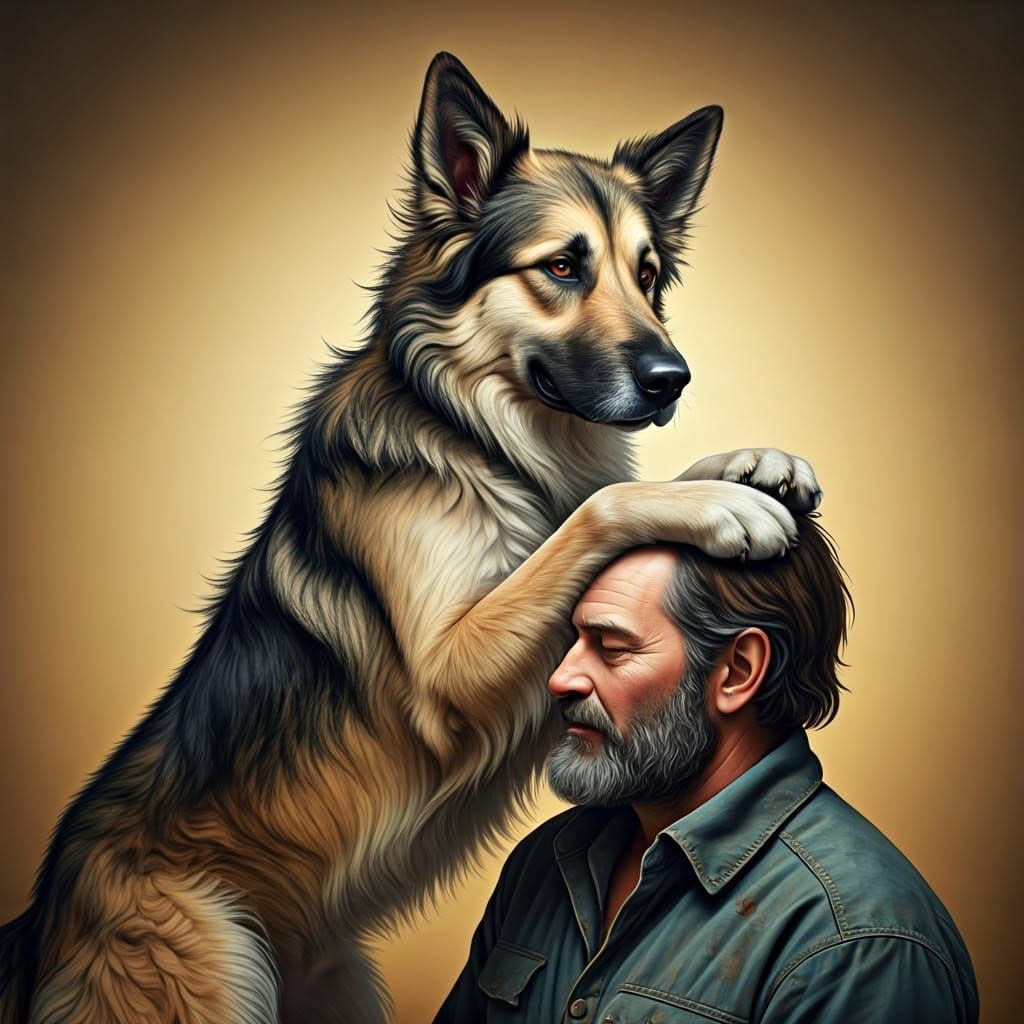 Affectionate Dog Reaching Man, Rockwell-Inspired