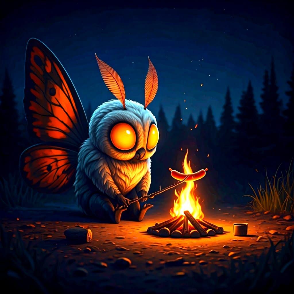 Chibi Mothman Roasting Hot Dogs: Detailed Digital Art