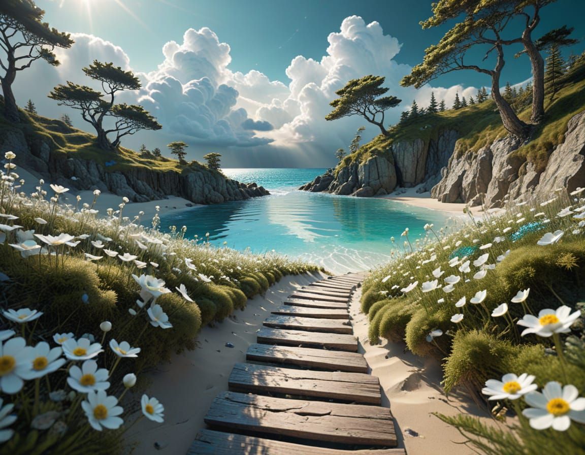 Ethereal Cliffside Pathway in Divine Light