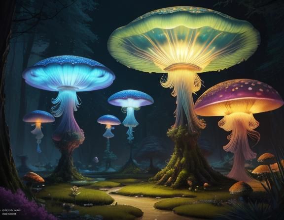 Jellyfish in Toadstool Forest: Beatrix Potter Style