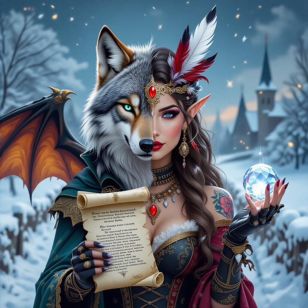 Hybrid Wolf-Elf Creature with Dragon and Owl Wings