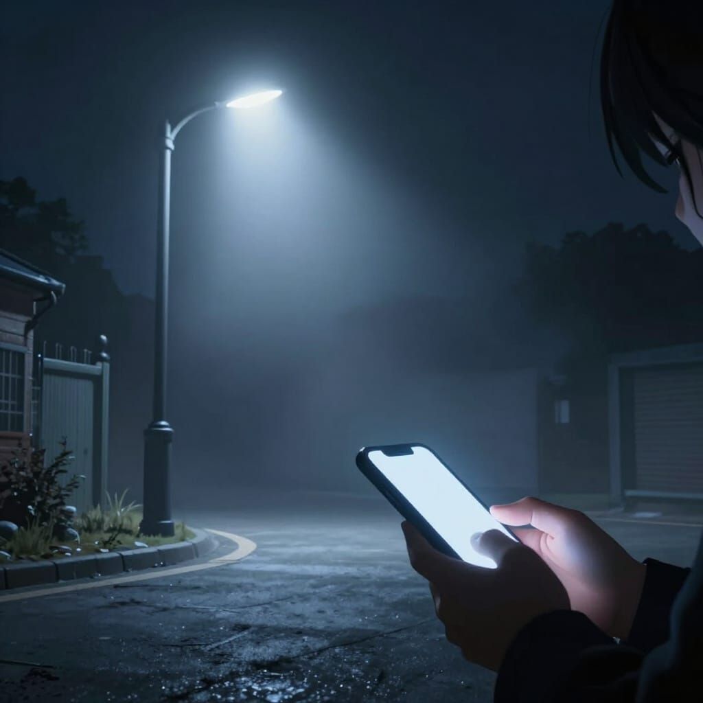 Moody Night Street Scene with Glowing Phone Light