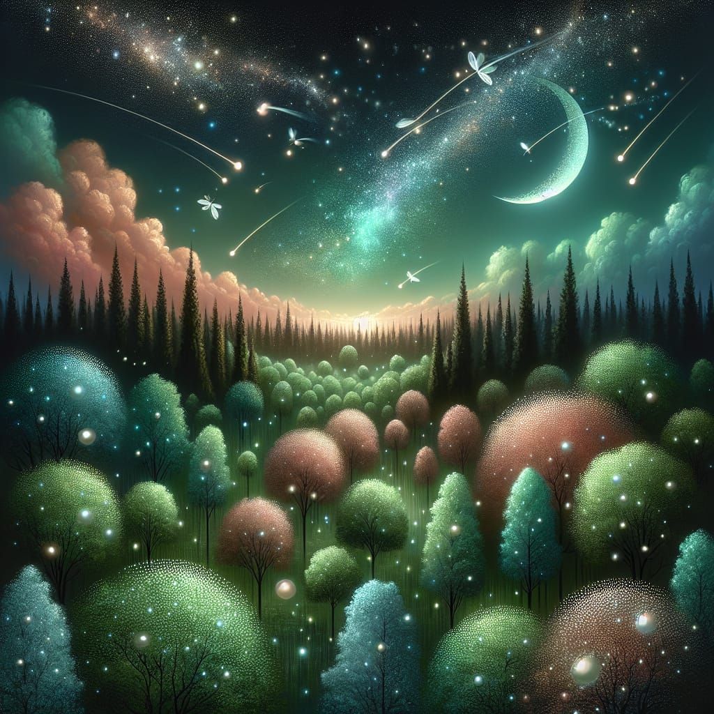 Whimsical Fantasy Forest Illuminated by Glowing Pearls