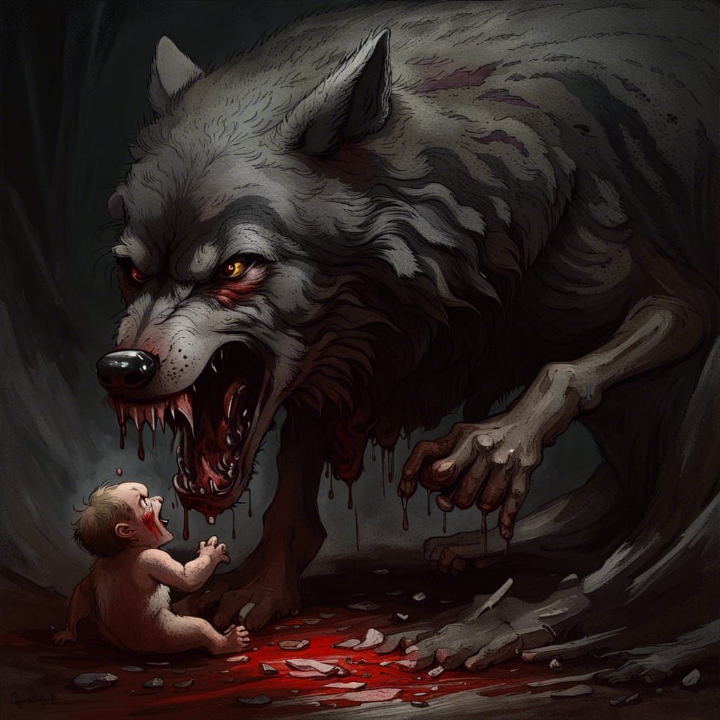 Dark, Angry Wolf Horror Scene