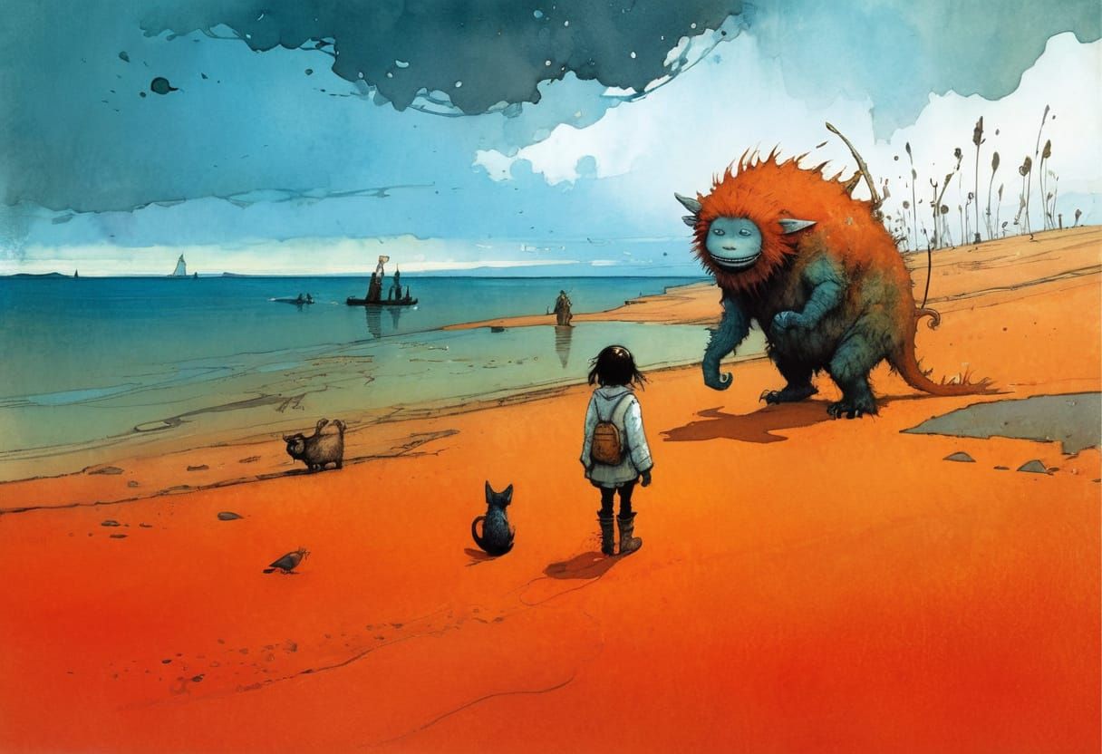 Girl with Monster Pet in Storybook Style