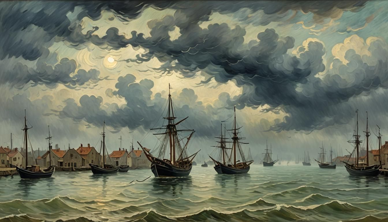 Harbor Storm Painting in Post-Impressionist Style