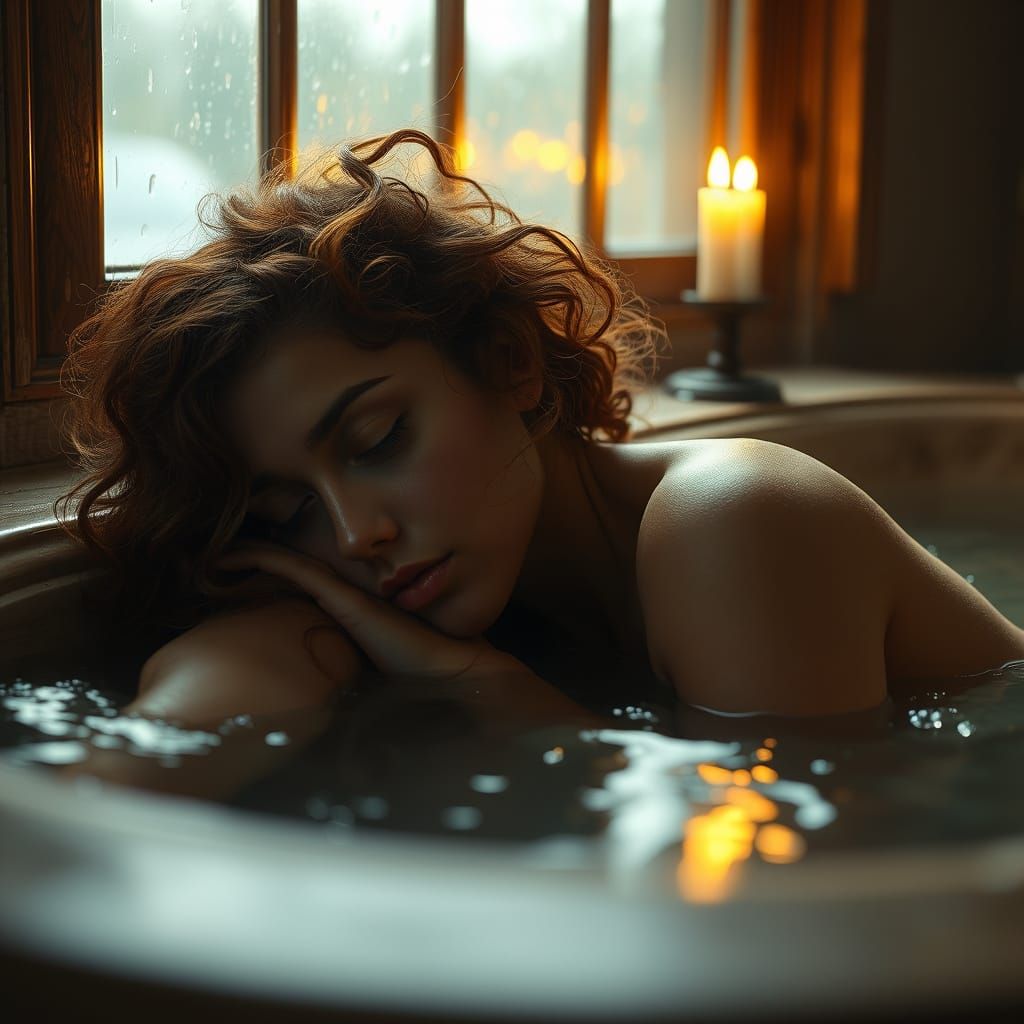 Serene Woman in Tub Bathed in Candlelight