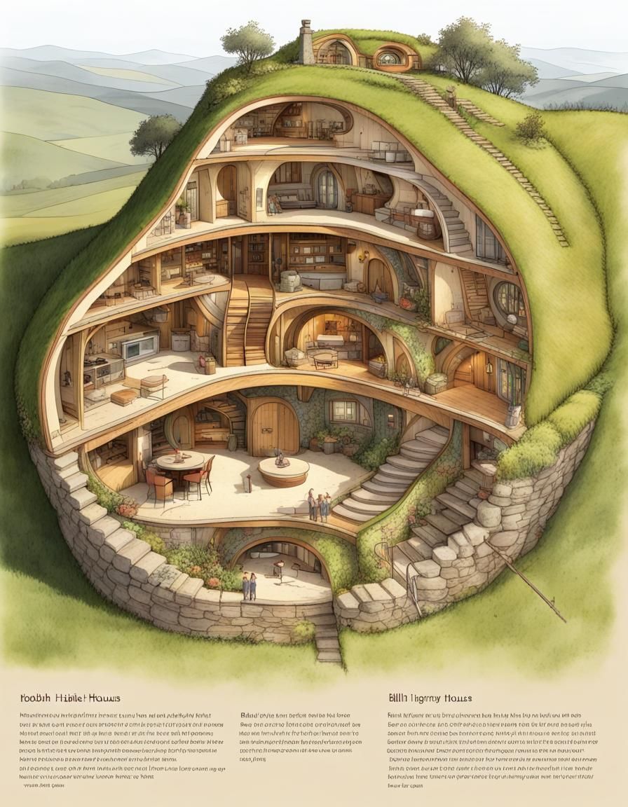 Cutaway diagram of multiple story Hobbit house