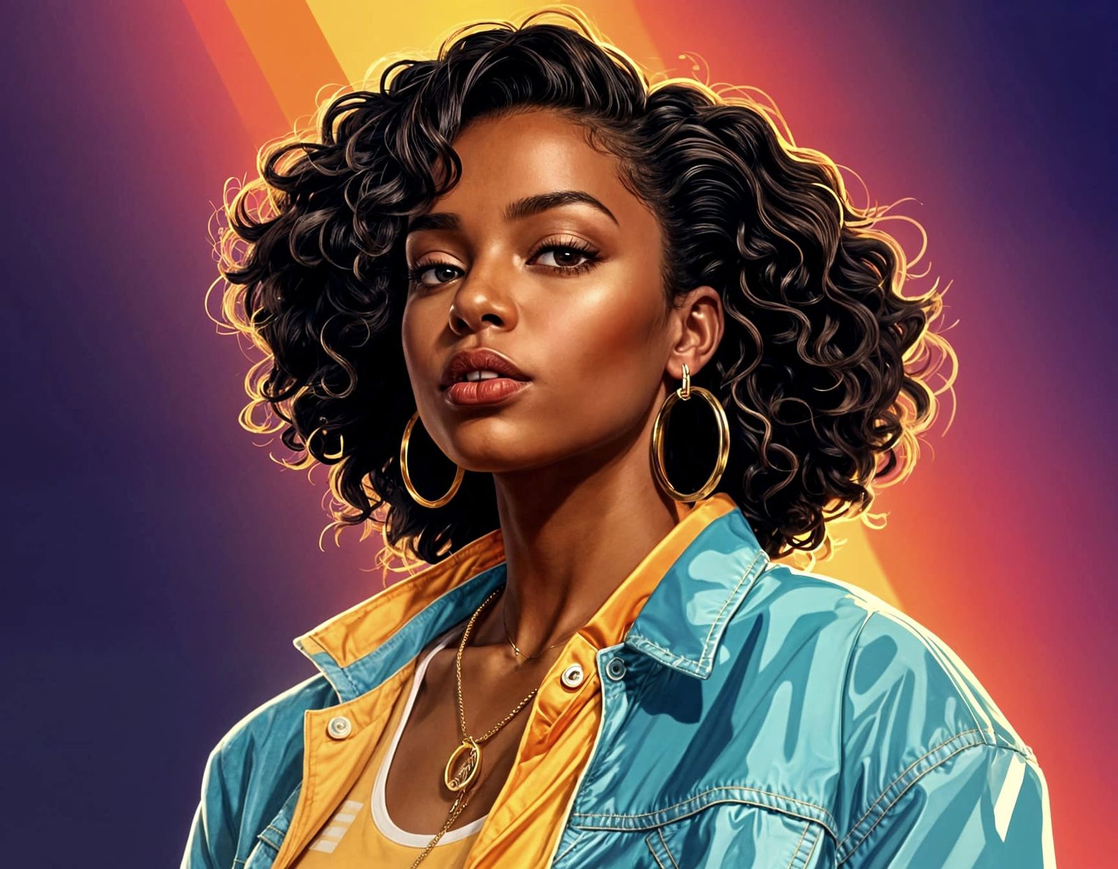 Glowing Black Woman in Retro Hip Hop Attire