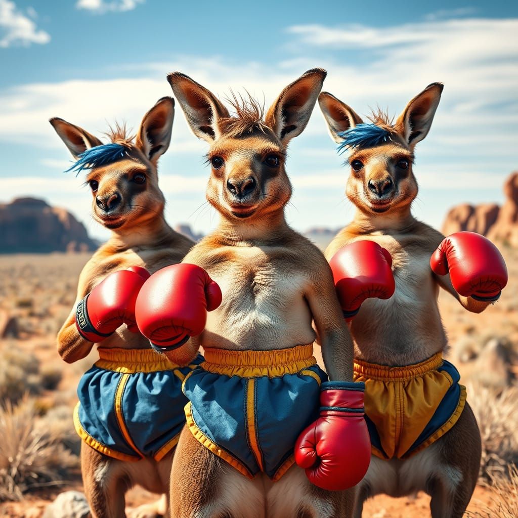 Athletic Boxing Kangaroo Crew in Vibrant Desert Landscape